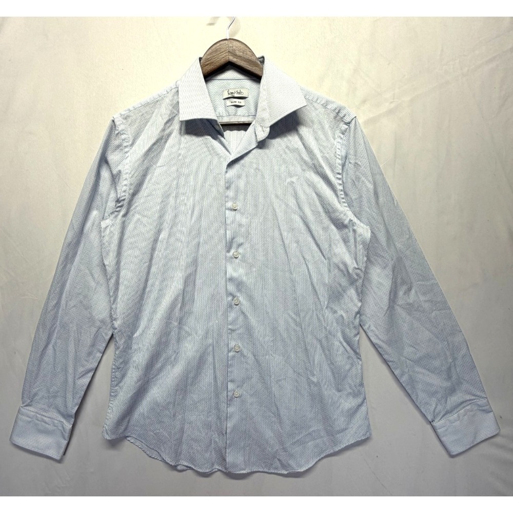 Nicola Dress Shirt Mens Large‎ 40-41 White Blue Striped Slim Fit Business Formal